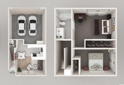 a 3d rendering of a bedroom with a bathroom and a living room